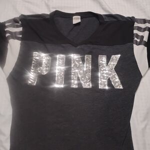 PINK Victoria's Secret Charcoal and Black Sequin Logo V-Neck Tee